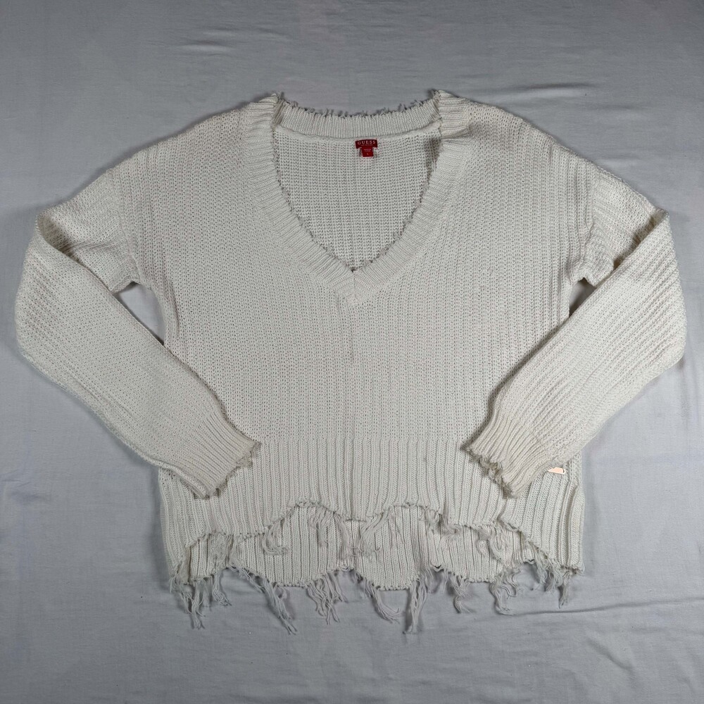 GUESS Cream Chunky Knit V-Neck Sweater Large Frayed Fringe Hem Grunge Y2K Edgy